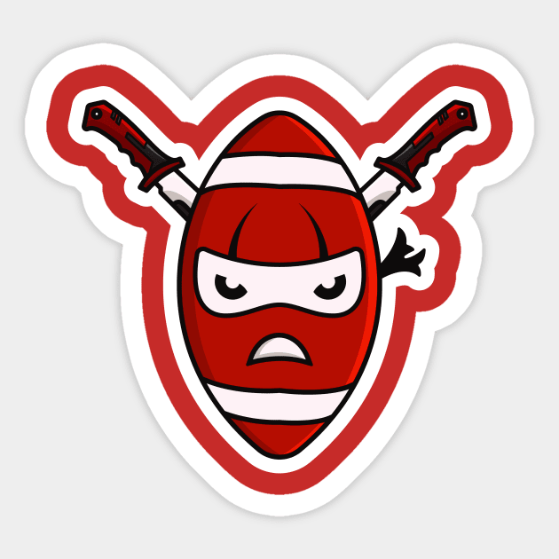 Rugby Ball Ninja with Swords Sticker design vector illustration. Sports object icon concept. Ninja mascot with American football sticker design icons logo with shadow. Sticker by AlviStudio